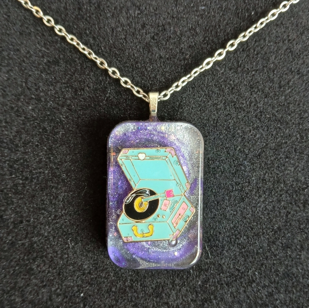 Blue record player purple swirl pendant on 20" silver necklace new handmade